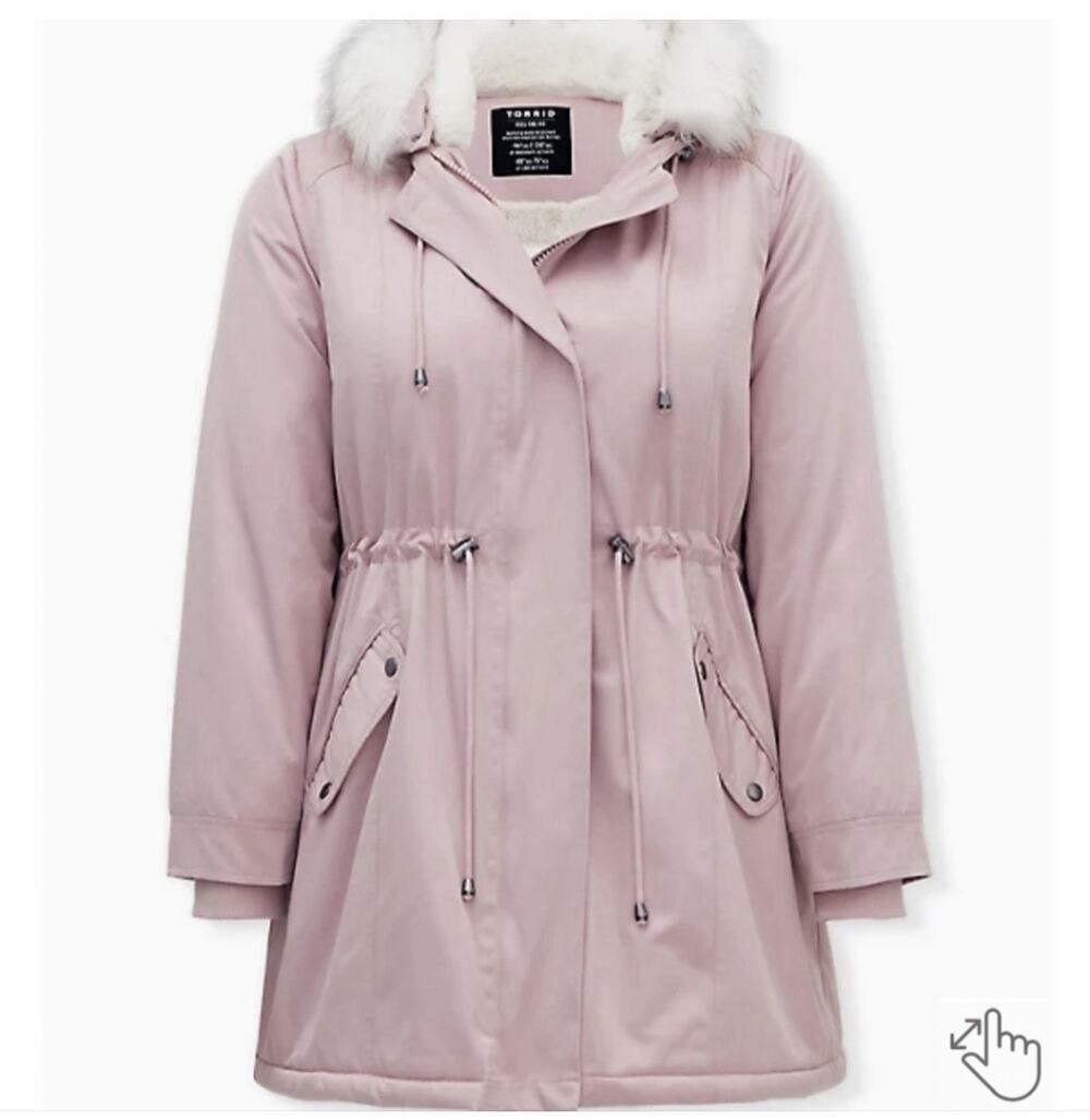 NWT Torrid Twill Faux Fur Trim Parka Pink 1X 14/16 Hooded Winter Coat Plus Cozy - Picture 1 of 11